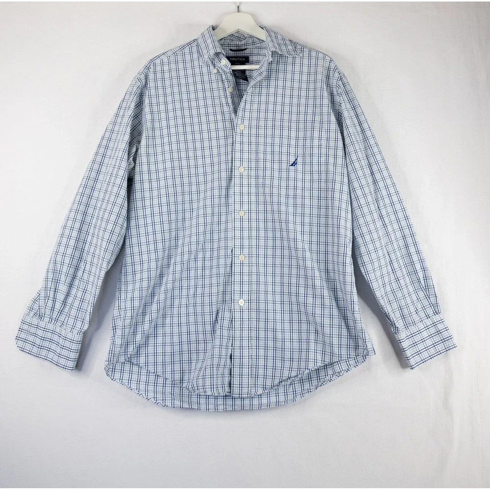 Nautica Button Down Shirt Mens M Blue White Plaid‎ Long Sleeve Cotton office